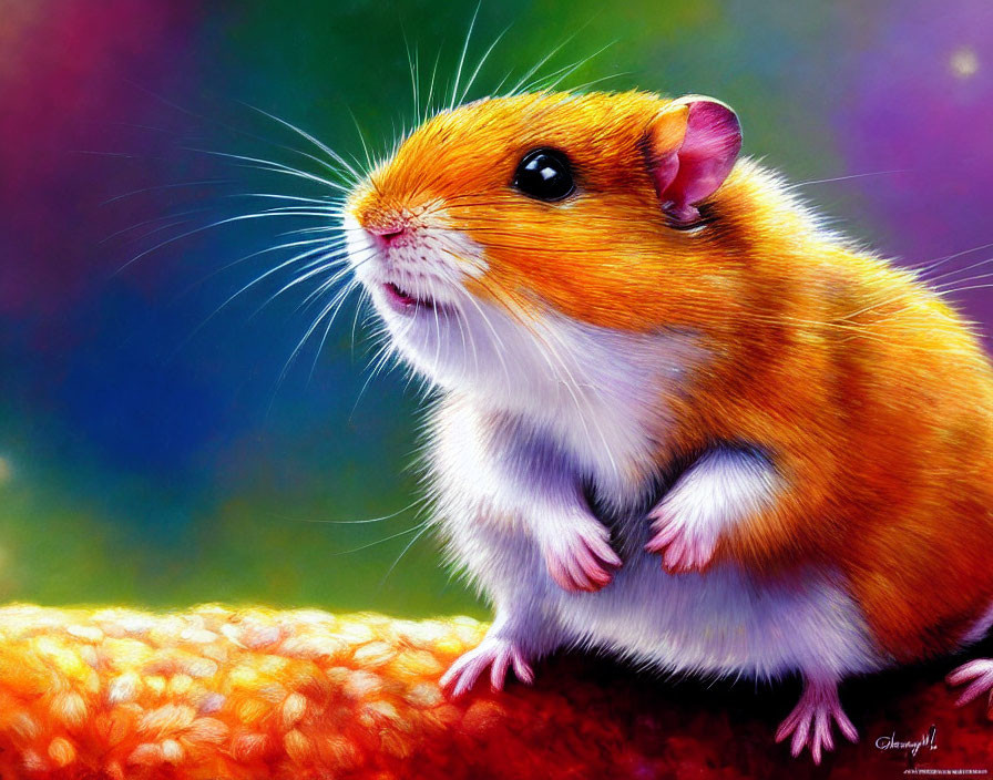 Detailed chubby hamster artwork with warm palette and textured fur on colorful background