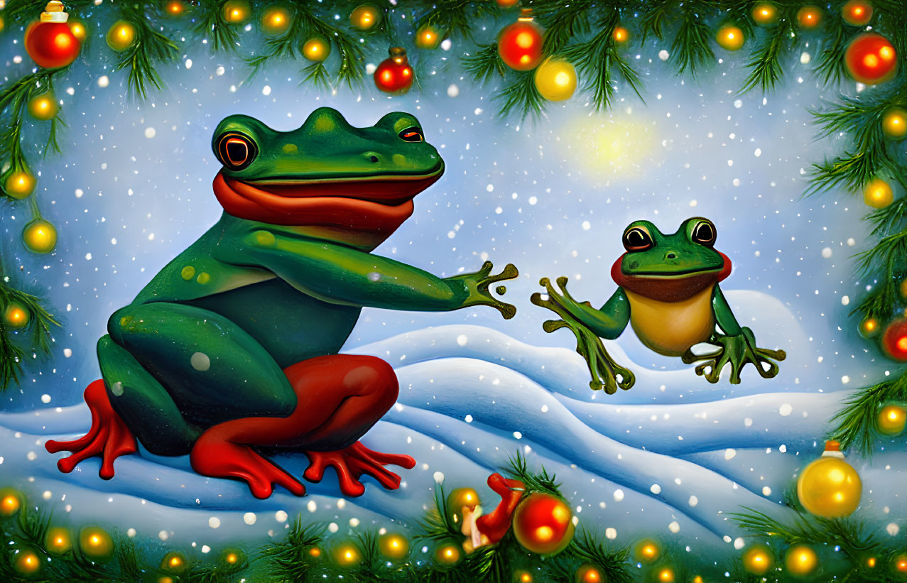 Cartoon Frogs with Snowy Tree and Lights