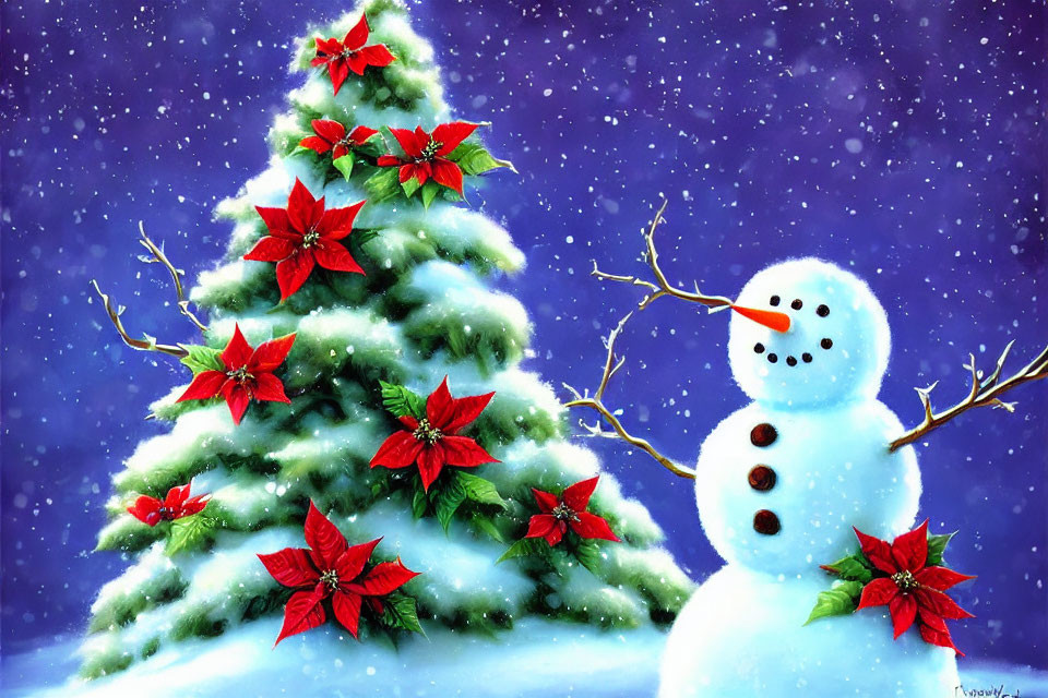Decorated Christmas tree with smiling snowman in falling snow.
