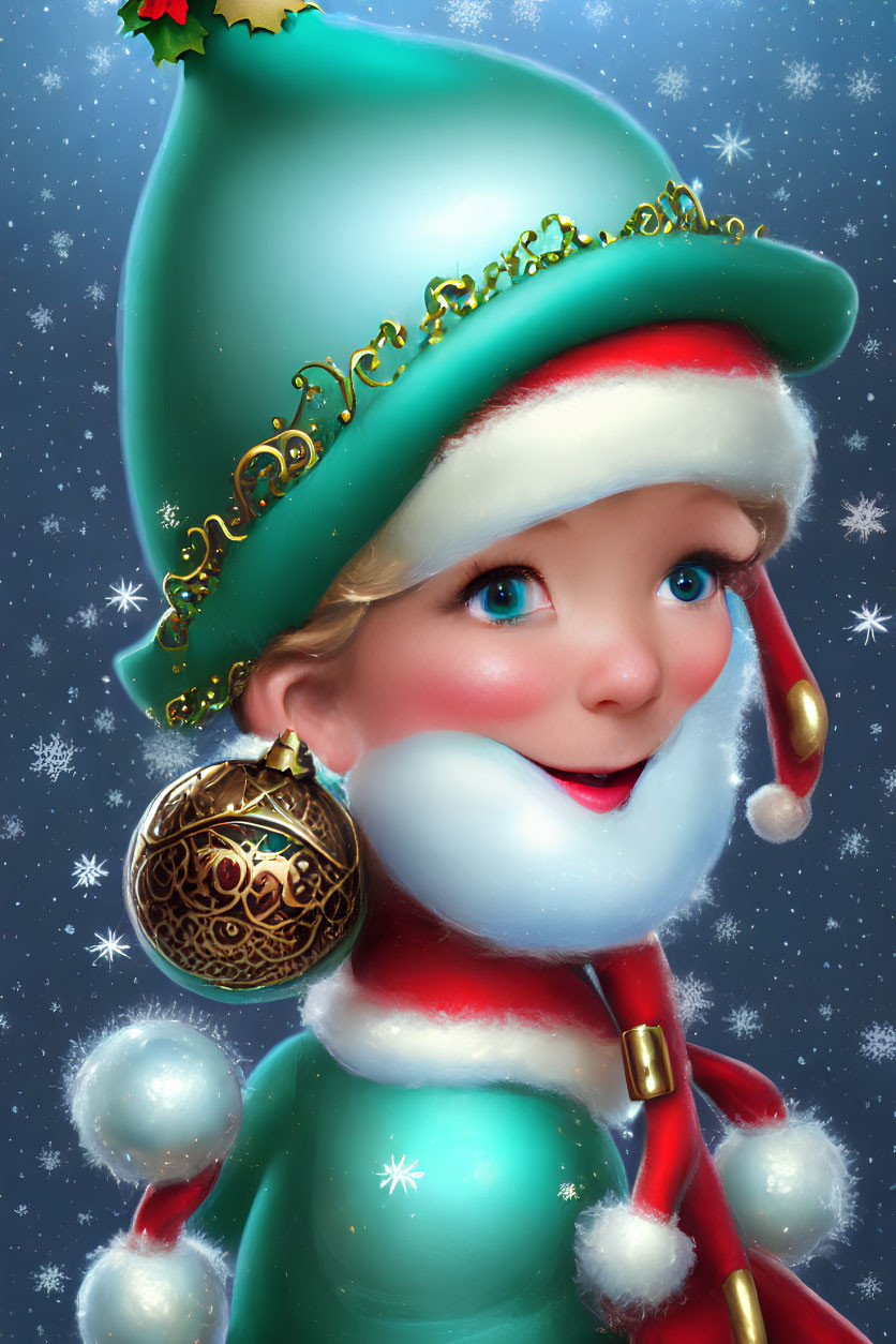 Cheerful elf in festive attire holding Christmas bauble under snowflakes