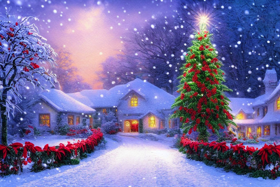 Snow-covered houses and Christmas tree in winter scene.