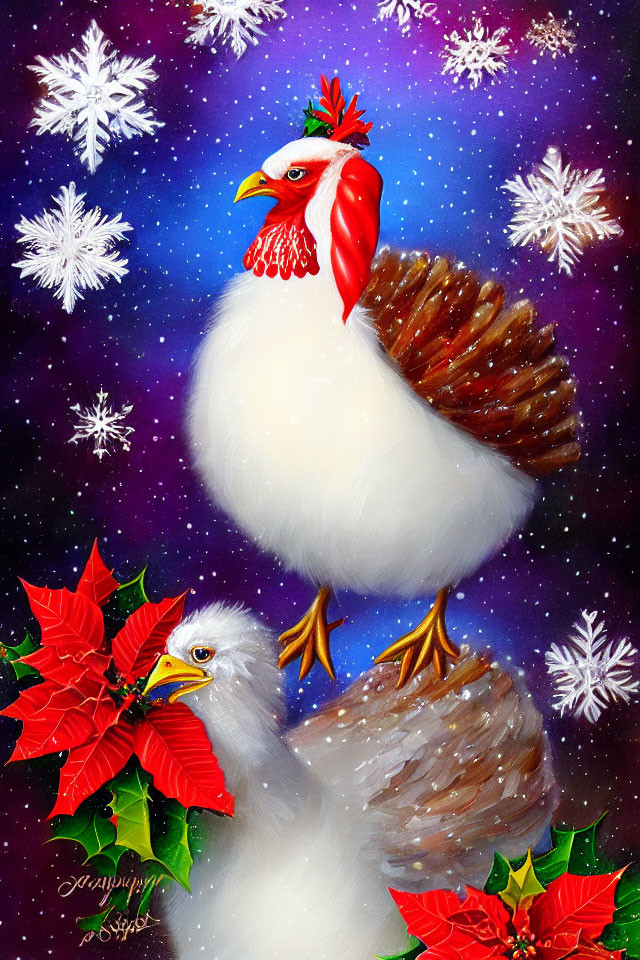 Illustration of two chickens in snowy setting with red accents