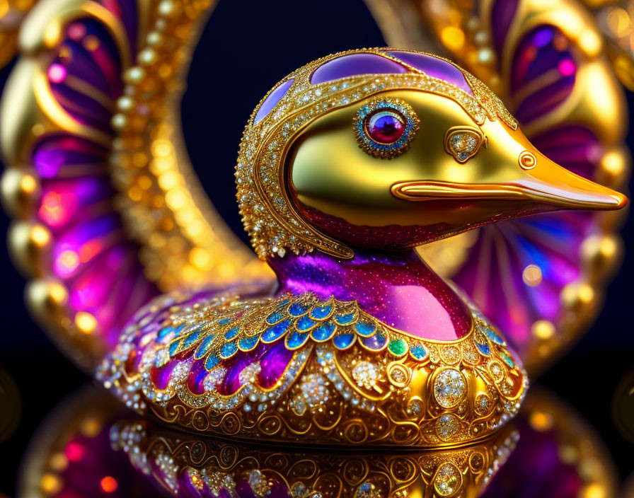 Detailed Golden Duck Figurine with Jewels on Dark Background