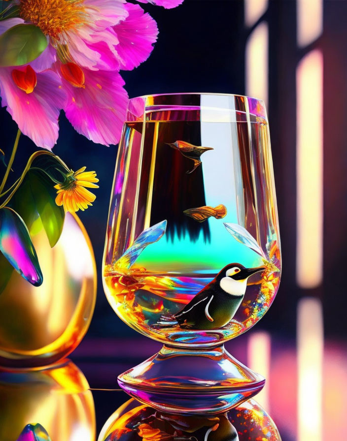 Colorful liquid in reflective glass with bird and flowers.