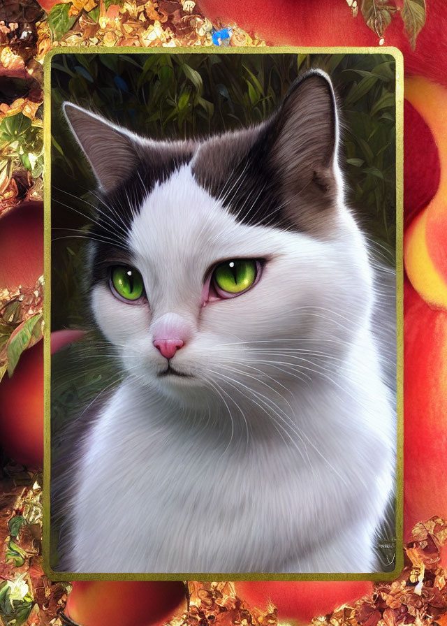 Two-toned cat digital painting with green eyes in golden frame and red fruit background