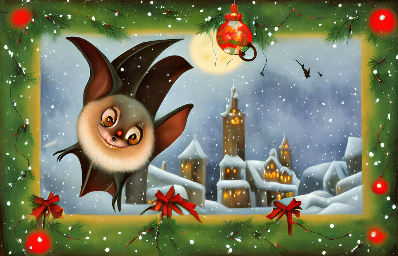 Festive Christmas bat illustration in snowy village scene