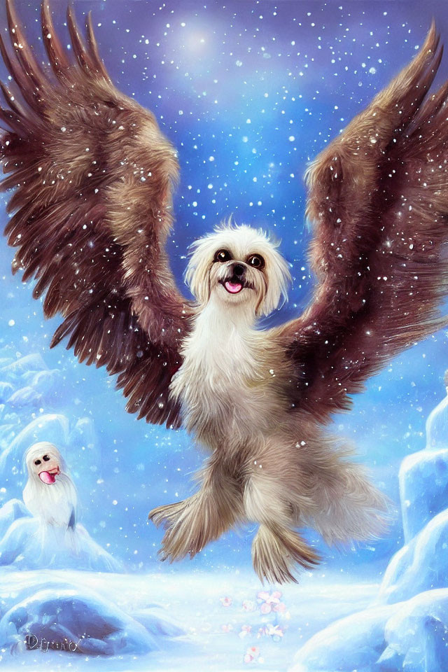 Illustration of small fluffy dog with wings flying in snowy landscape