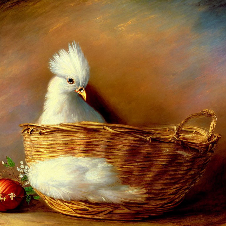 Ornate plumage bird in wicker basket with red berries in classical oil painting.