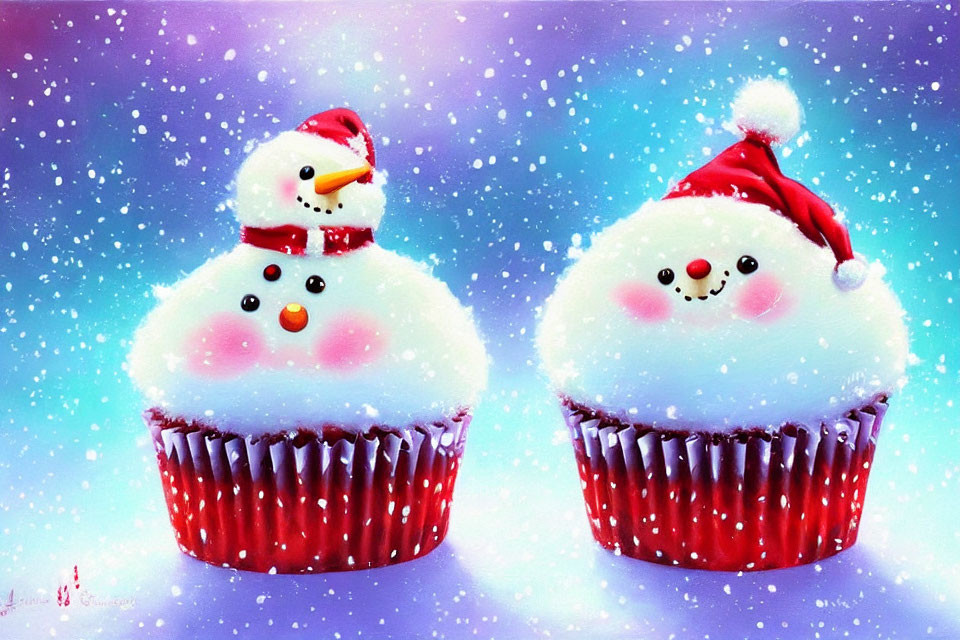 Festive snowman and Santa cupcakes on snowy blue background