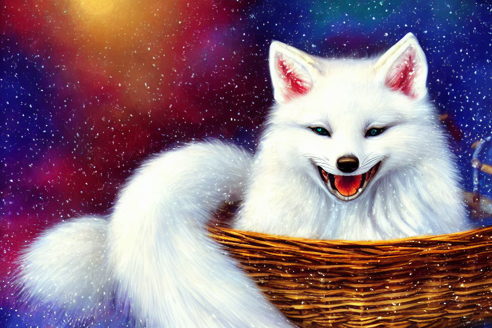 White Furry Fox in Basket on Cosmic Background with Snowflakes