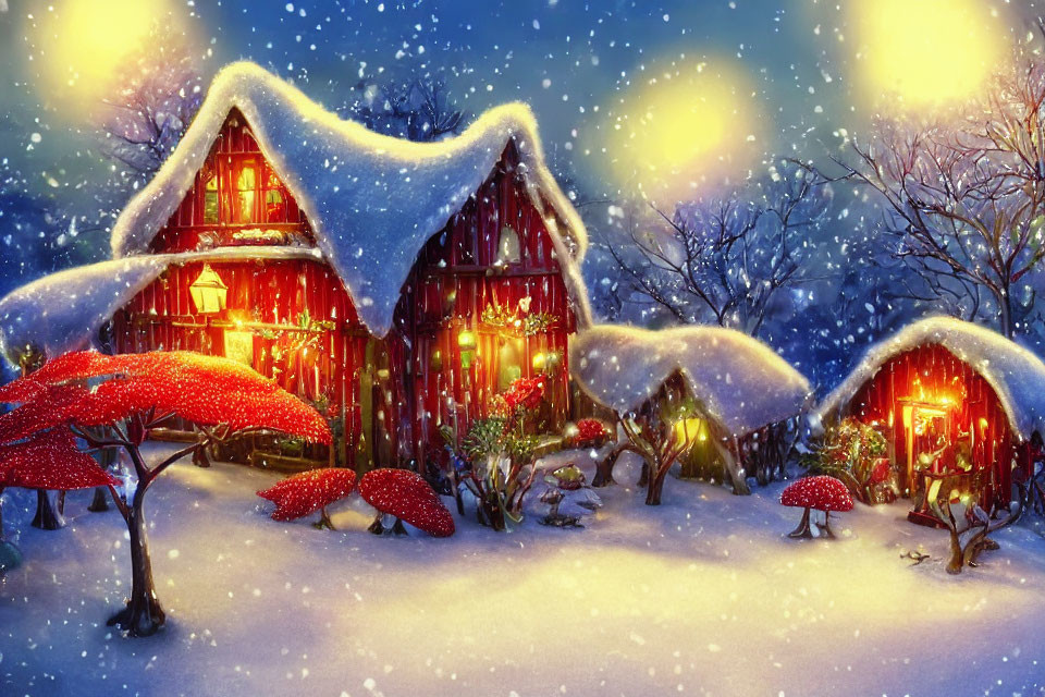 Snow-covered cottages in magical winter scene with glowing windows, red mushrooms, and falling snowflakes