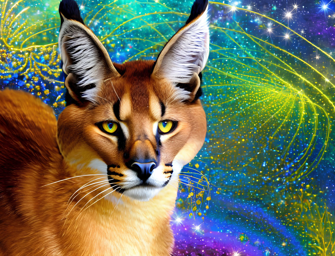 Digital artwork: Caracal with intense yellow eyes on cosmic background