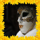 Woman in golden mask with sunflowers and confetti backdrop
