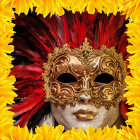 Colorful Feathered Mask with Gold Details and Gemstones on Woman Amid Yellow Flowers