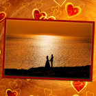Silhouette couple embracing on hearts background with heart border