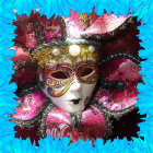 Colorful person with ornate mask and feathers on turquoise background