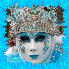 Colorful Carnival Costume with Feathered Headdress and Mask on Woman