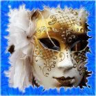 Vibrant female figure in ornate golden masquerade mask