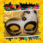 Colorful Carnival Mask with Sequins, Feathers, and Beads in Yellow and Gold