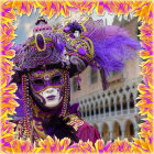 Colorful digital artwork of woman in ornate golden mask with feathers and tiara