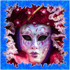 Colorful masquerade mask with feathers and makeup on person against blue backdrop
