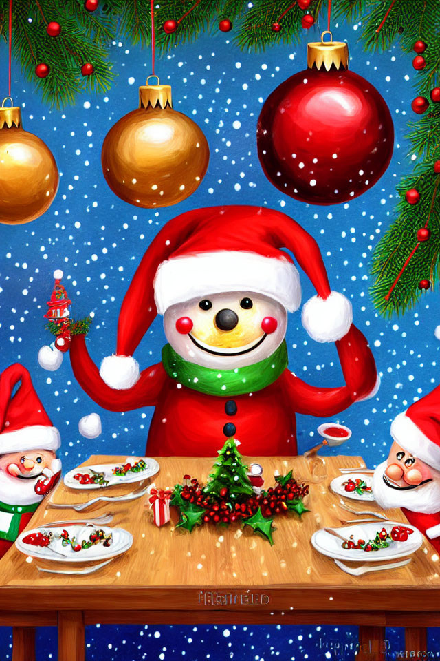 Festive Snowman with Santa Hat and Christmas Background