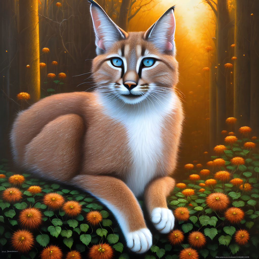 Majestic Orange and White Cat Among Orange Flowers in Ethereal Forest