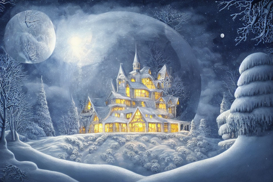 Snowy Landscape: Illuminated Mansion Under Full Moon