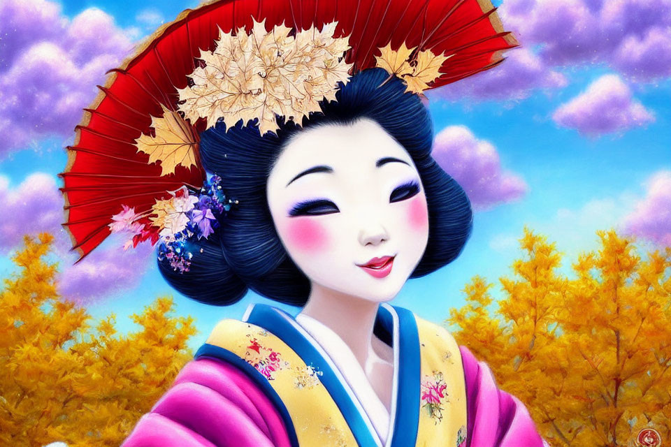 Illustrated geisha in colorful kimono with red fan under blue sky