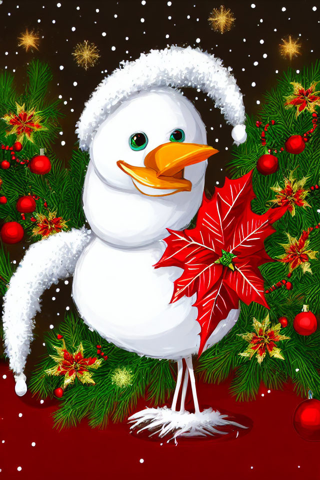 Cheerful snowman with carrot nose and poinsettia on head in festive winter scene