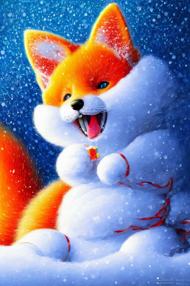Colorful Fox Smiling in Snowy Scene