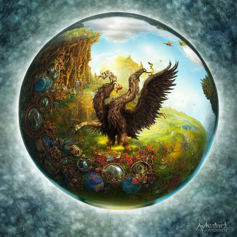 Spherical world with eagle, greenery, gears, and bubbles