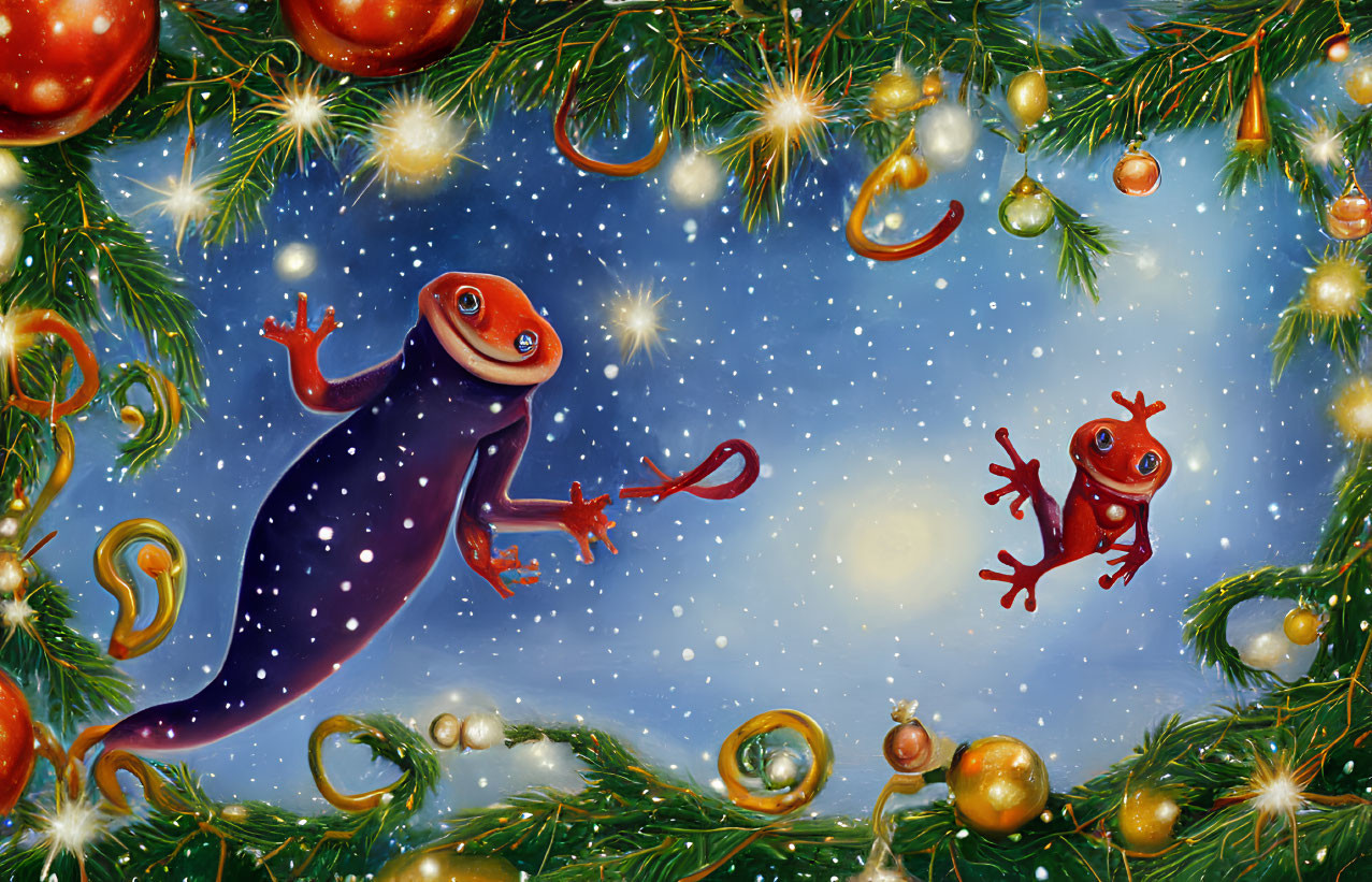 Two Smiling Geckos in Festive Christmas Scene