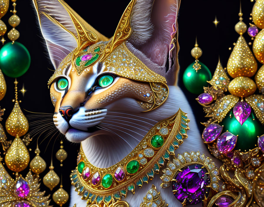 Digital illustration of a jeweled cat with Christmas ornaments