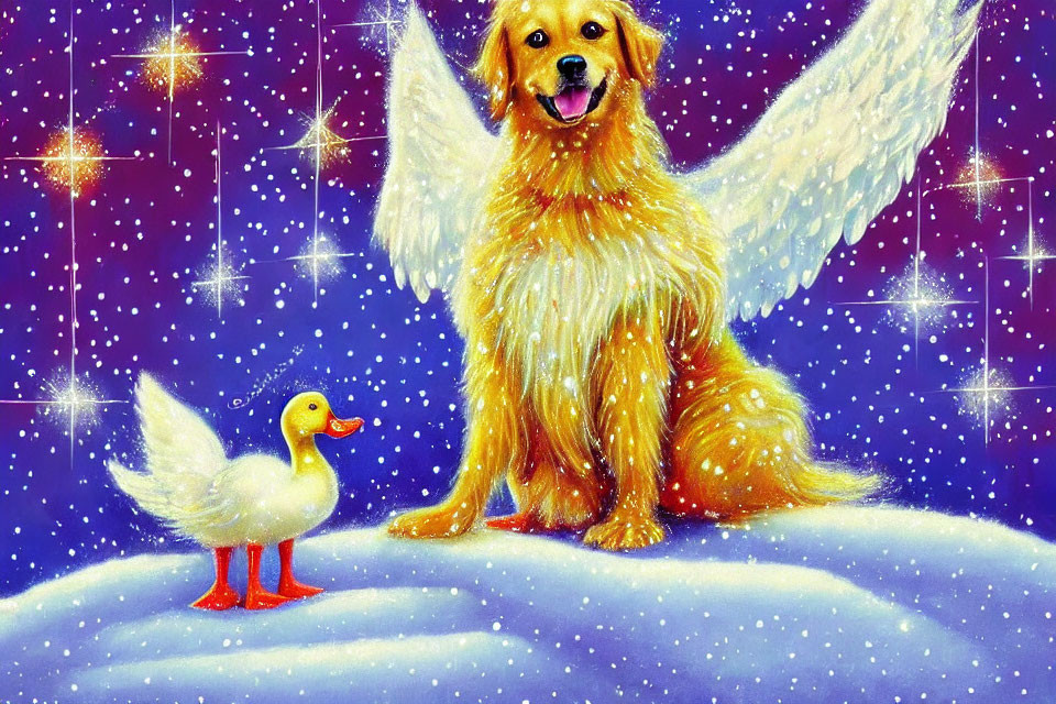 Golden retriever with angel wings beside duck on snowy hill under starry sky