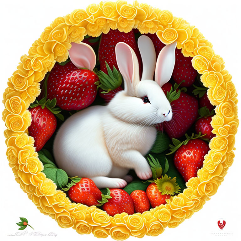 White Rabbit Among Strawberries and Yellow Flowers in Circular Border