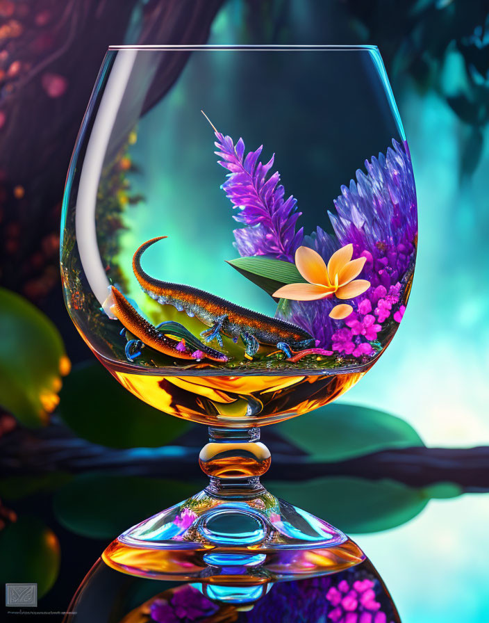 Colorful digital artwork: Glass, fantastical flora, whimsical creature in mystical forest.