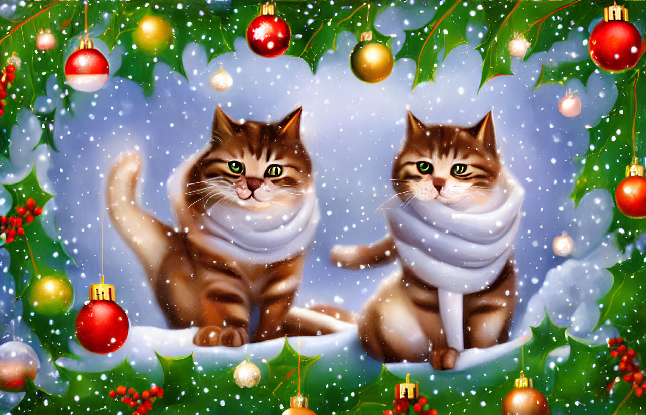 Two animated cats with scarves in a holiday setting with snowflakes and decorations.