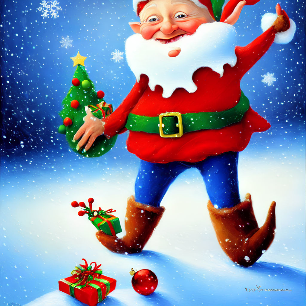 Cheerful Santa Claus Illustration with Christmas Tree and Gifts