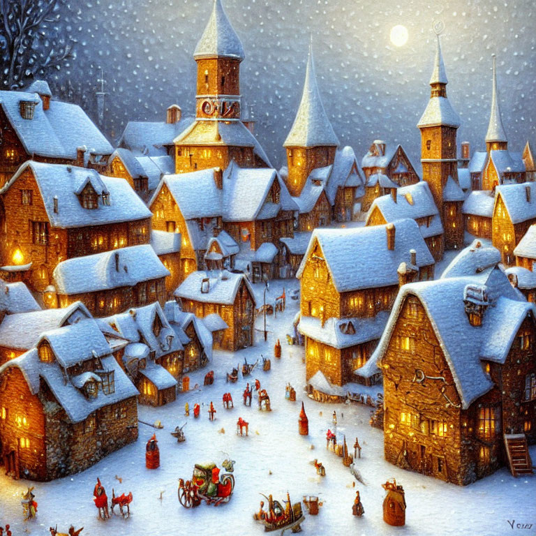 Snowy Winter Village Night Scene with Horse-Drawn Sleigh