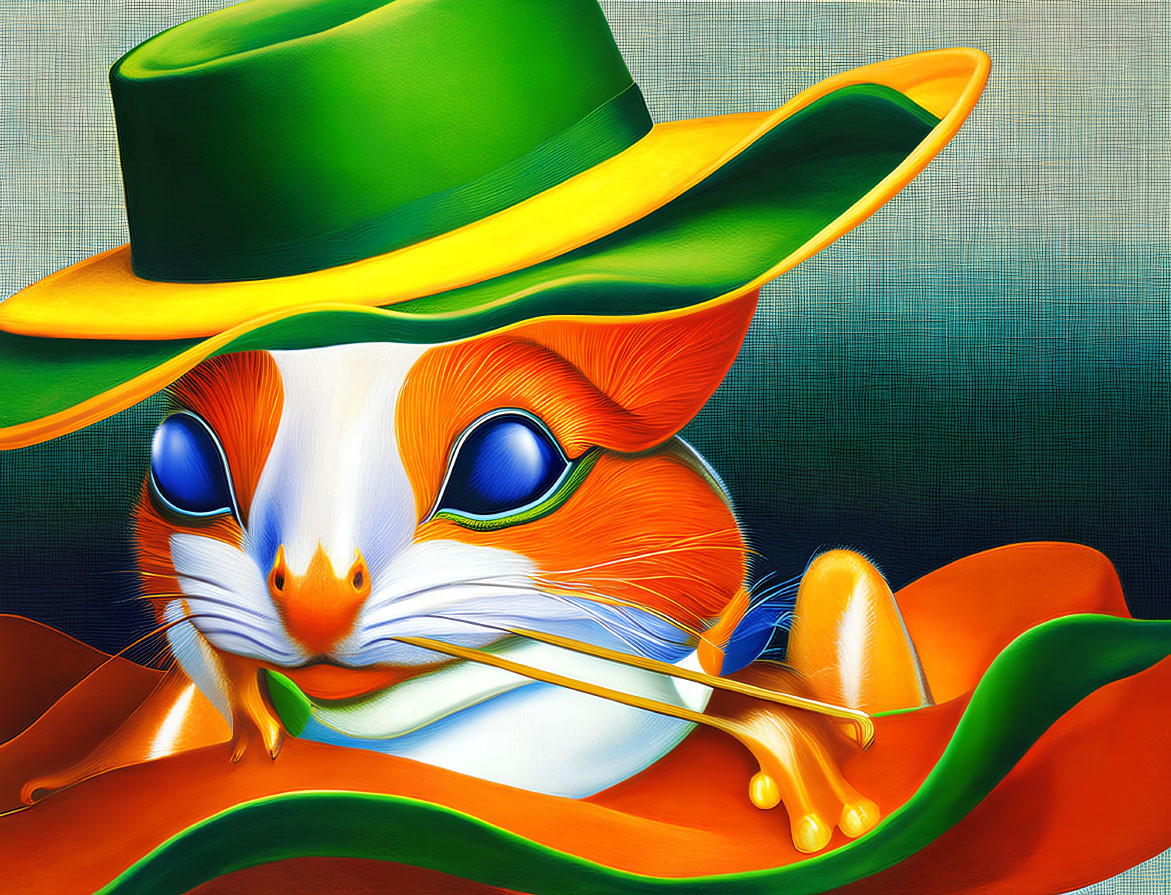 Whimsical orange cat in green hat with blue eyes on textured background