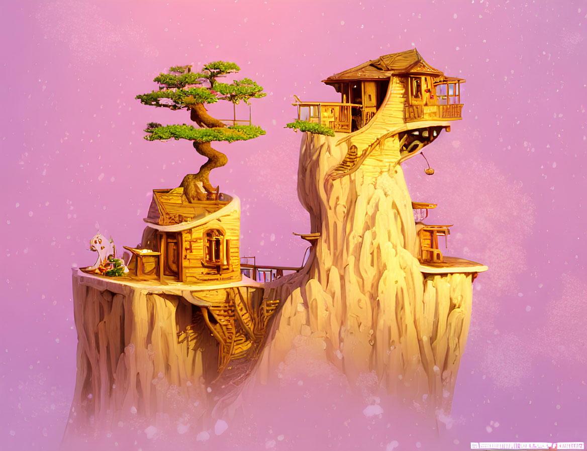 Treehouse on tall rock with bunny-like creature and bonsai tree.