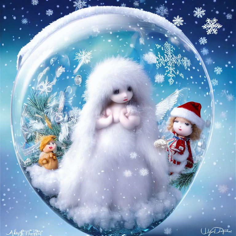Snow globe illustration with snowy scene and cartoon dolls