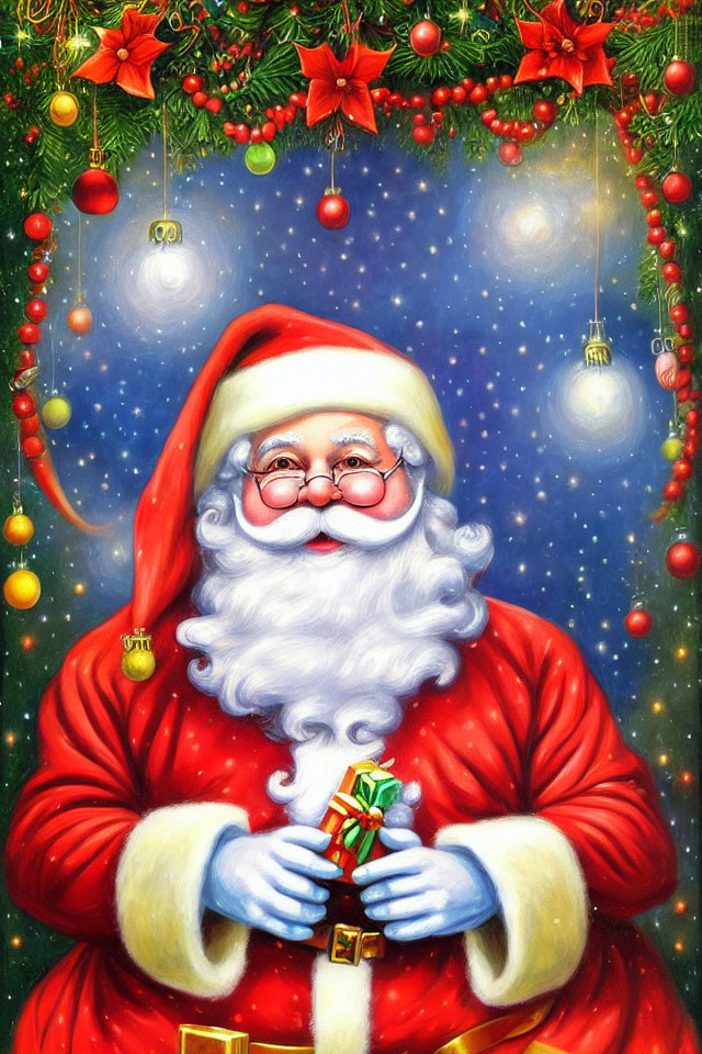 Detailed Santa Claus illustration with gift and Christmas decorations.