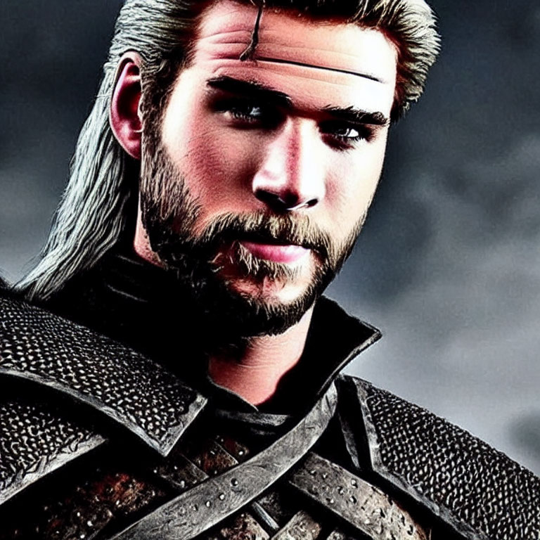 Digital artwork of stern warrior with blonde hair & beard in dark armor