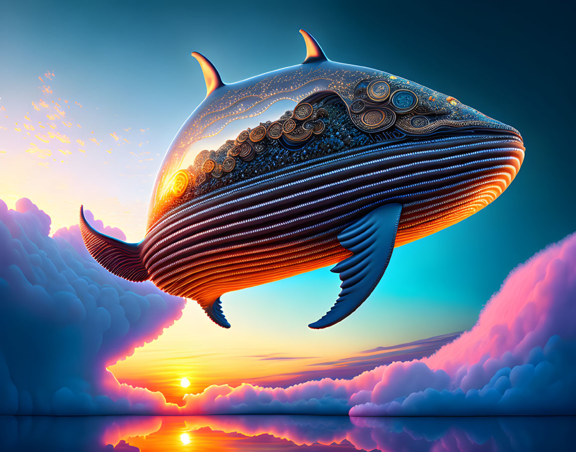 Surreal mechanical whale flying above clouds at vibrant sunrise