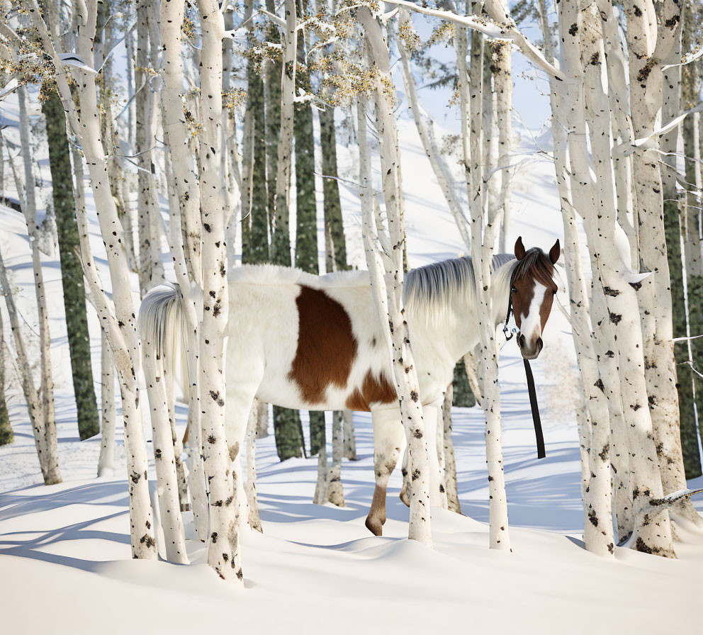 Brown and White Horse in Snow-Covered Birch Forest
