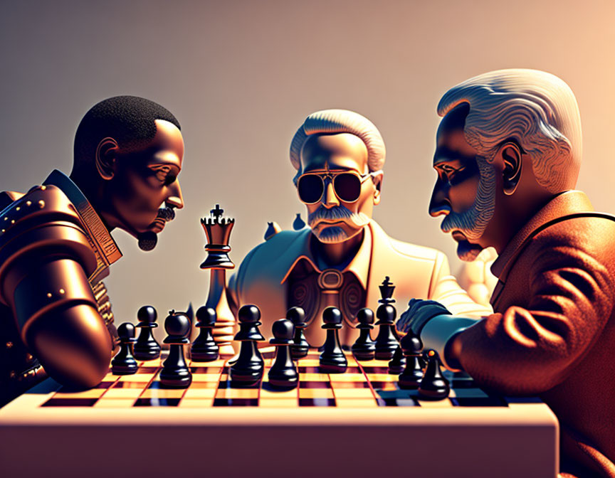 Stylized digital characters with distinctive facial hair in vibrant attire playing chess