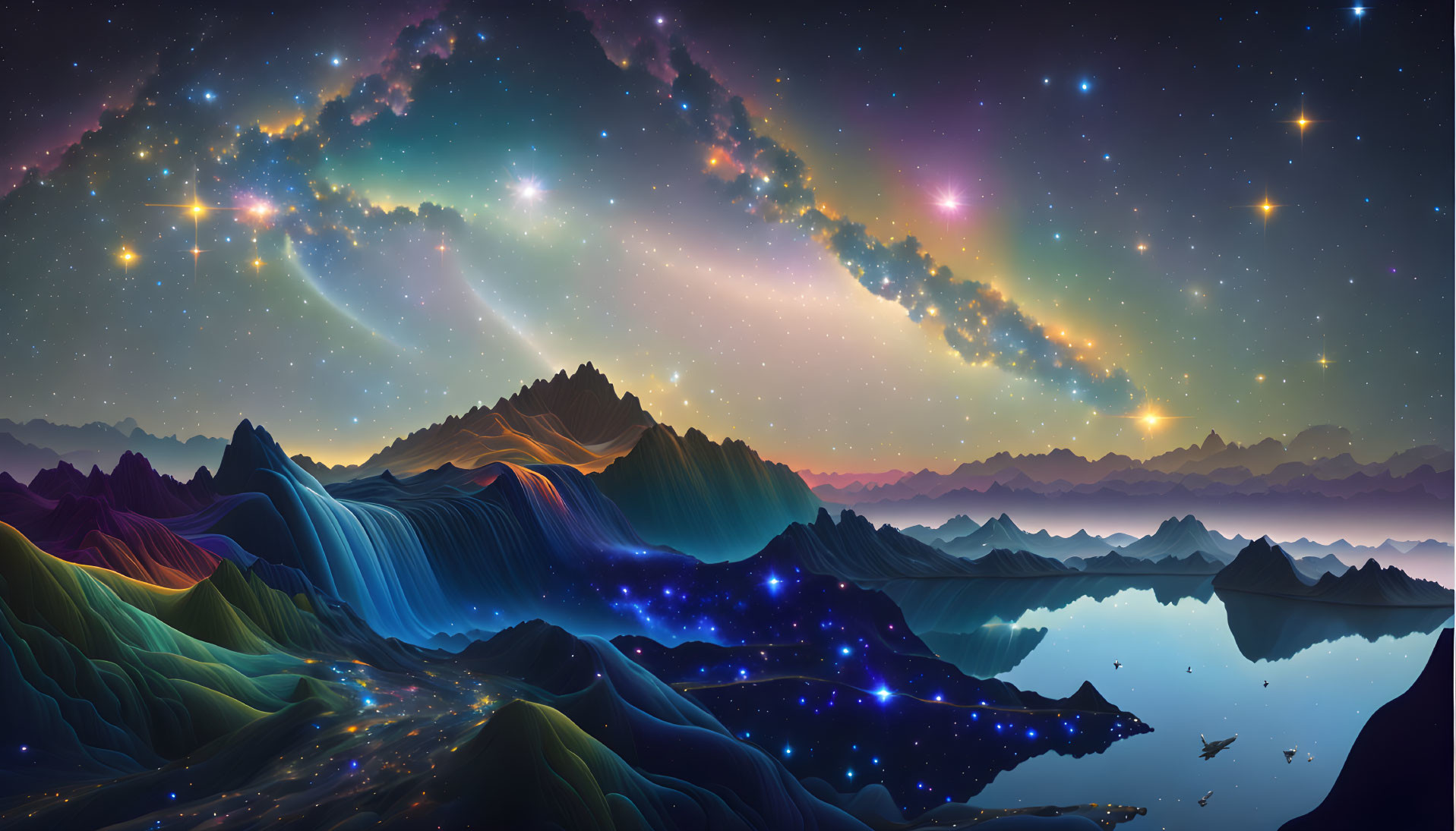 Colorful surreal digital artwork of starry skies over mountainous landscape