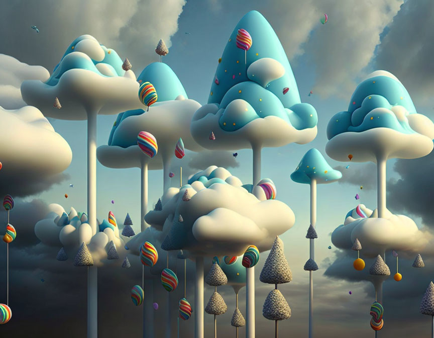 Whimsical ice cream trees in surreal landscape